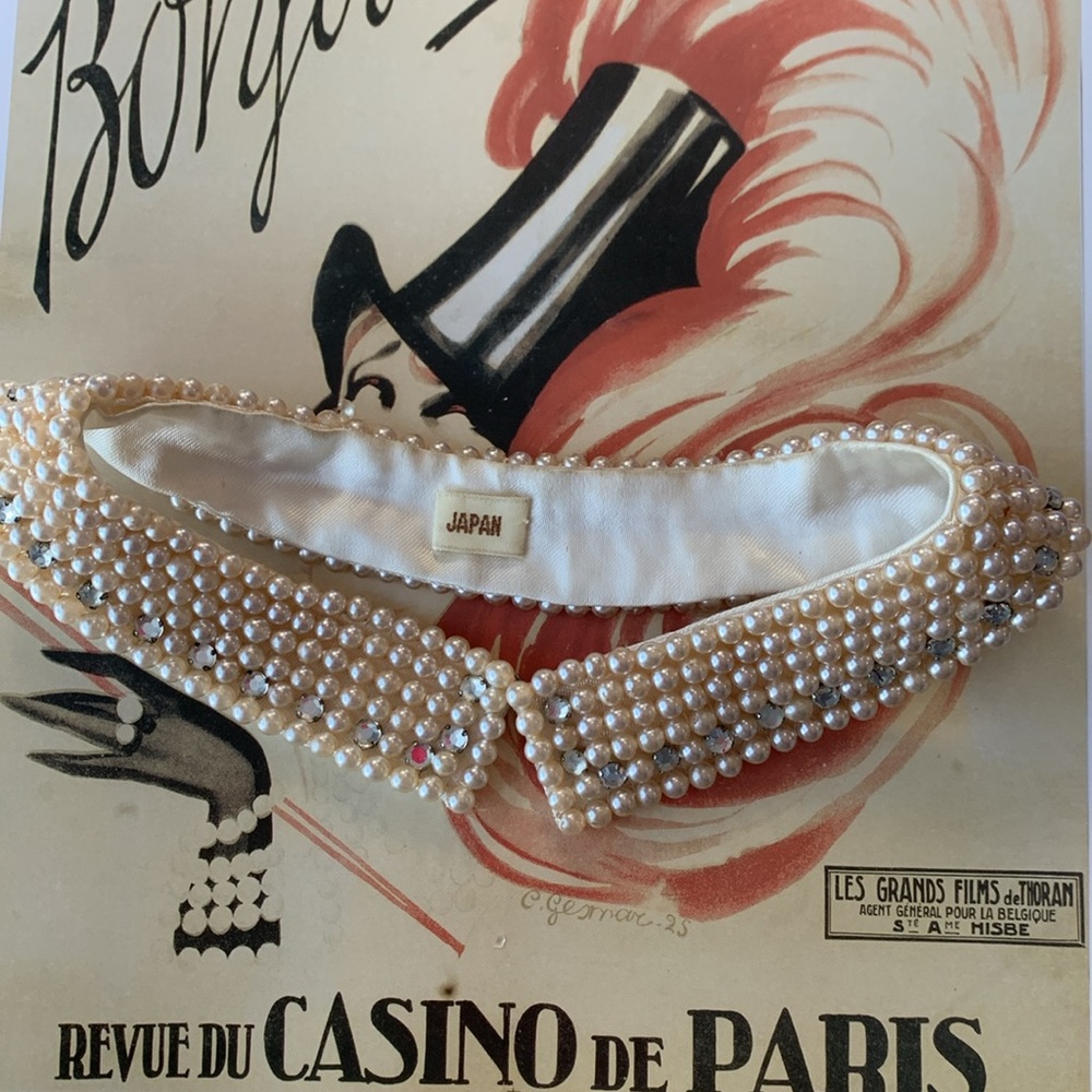 Vintage Faux Pearl and Rhinestone Satin Collar Made in Japan 1950’s
